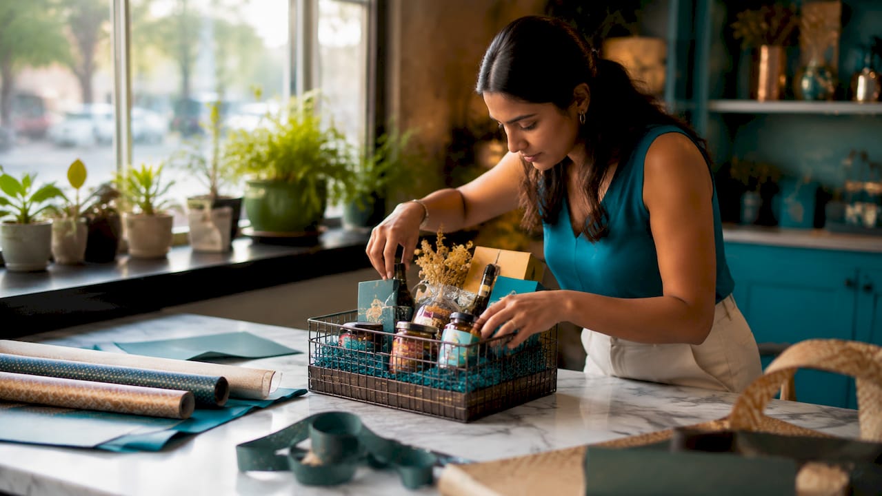 Person assembling a gift hamper at home kitchen table