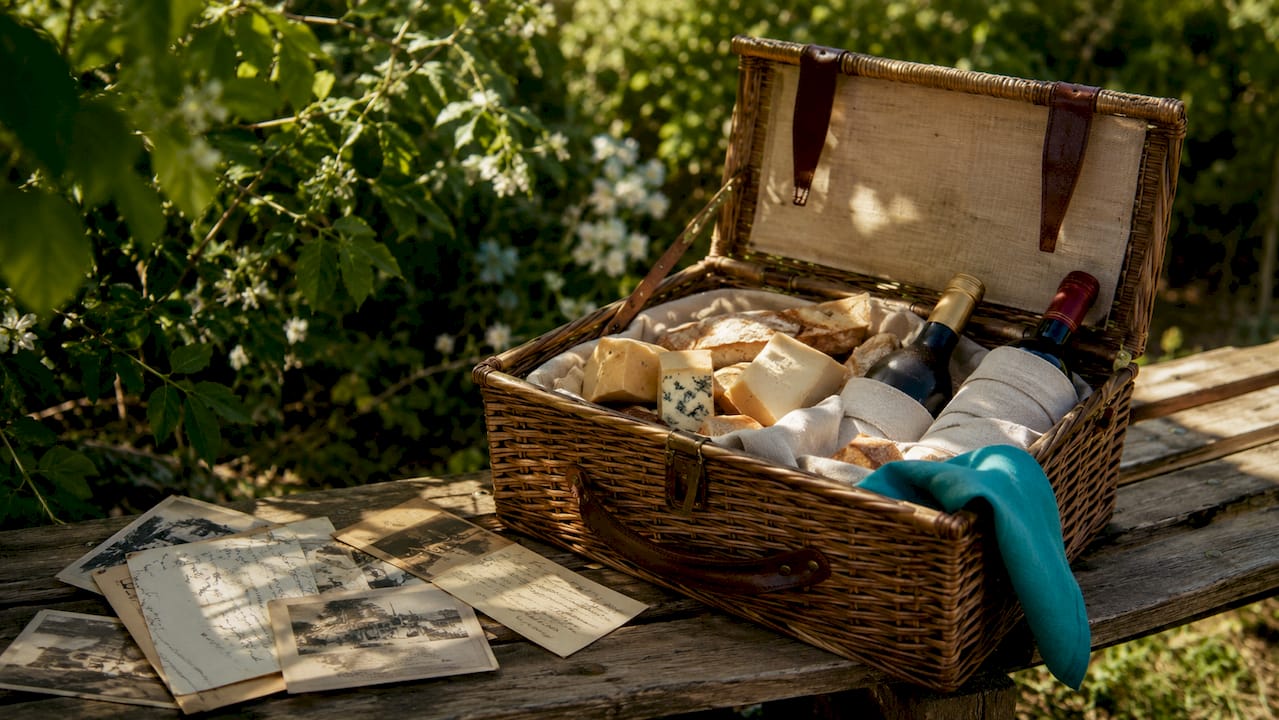 Vintage picnic hamper with old maps and postcards