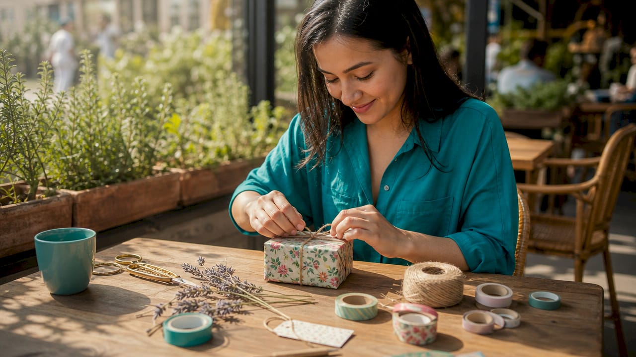 Woman wrapping a gift with floral paper at home
