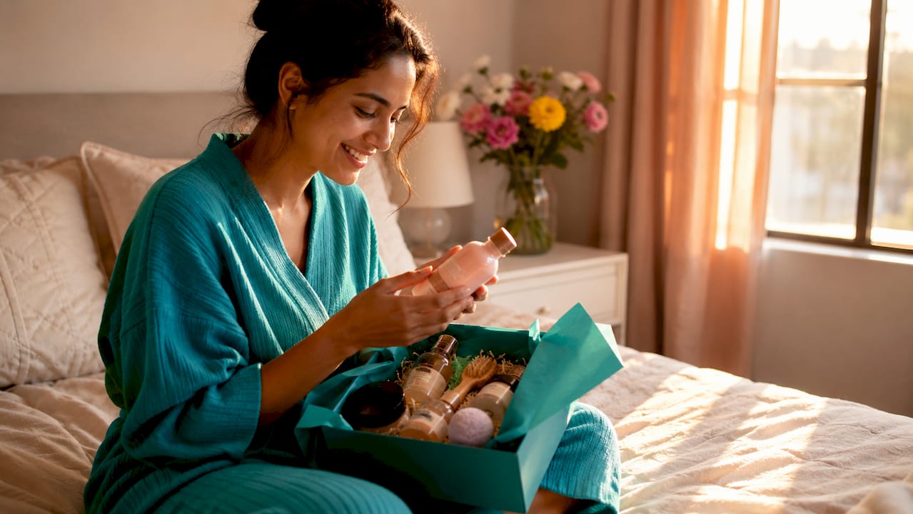 Woman unboxing pamper gift box at home