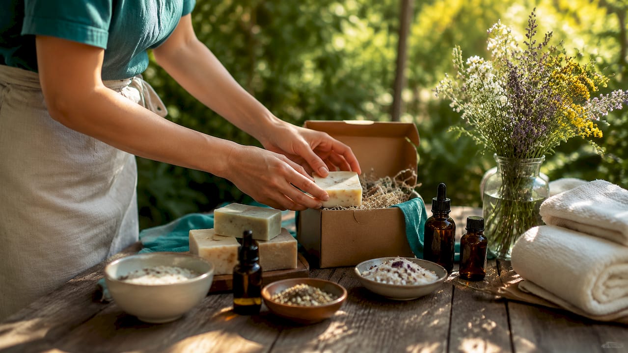 Hands arranging vegan pamper gift items on countertop