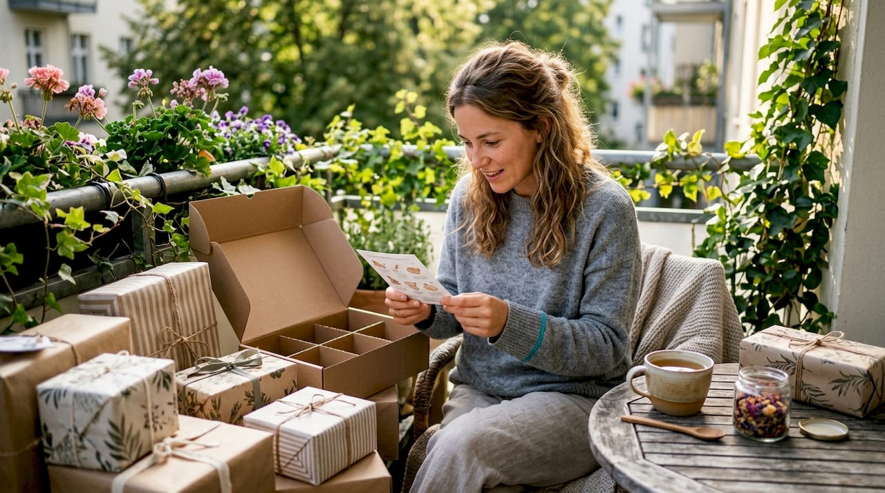 Woman unpacking curated gift boxes at home