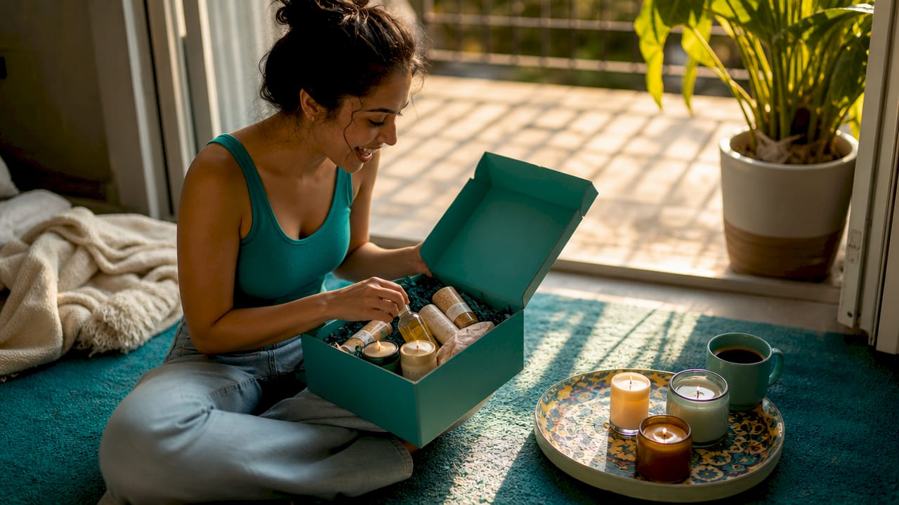 Woman unboxing self-care gift set at home