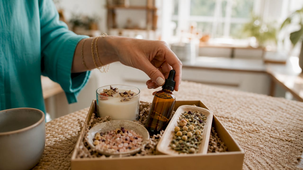 Close-up of self-care gift set items on table
