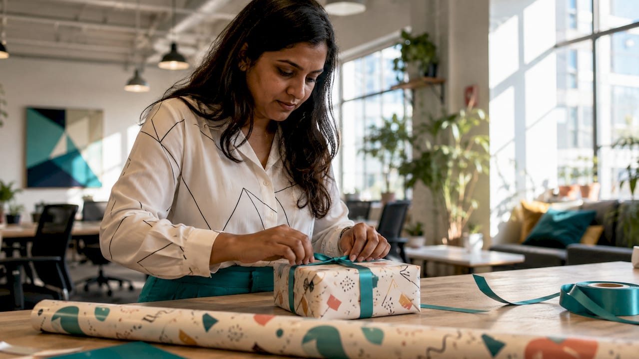 HR manager wrapping staff appreciation gift