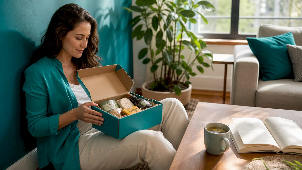 Woman unpacking same day gift box at kitchen table