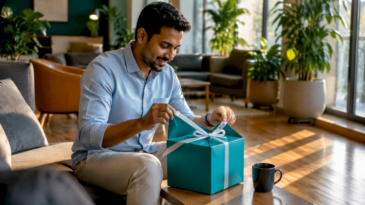 Hands unwrapping branded corporate gift box