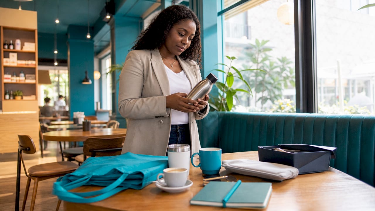 Woman examining branded corporate gifts in office