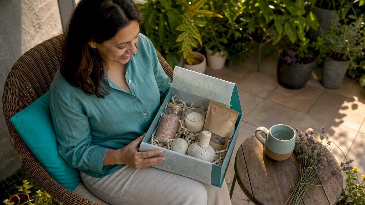Woman opening wellness self-care gift hamper at home
