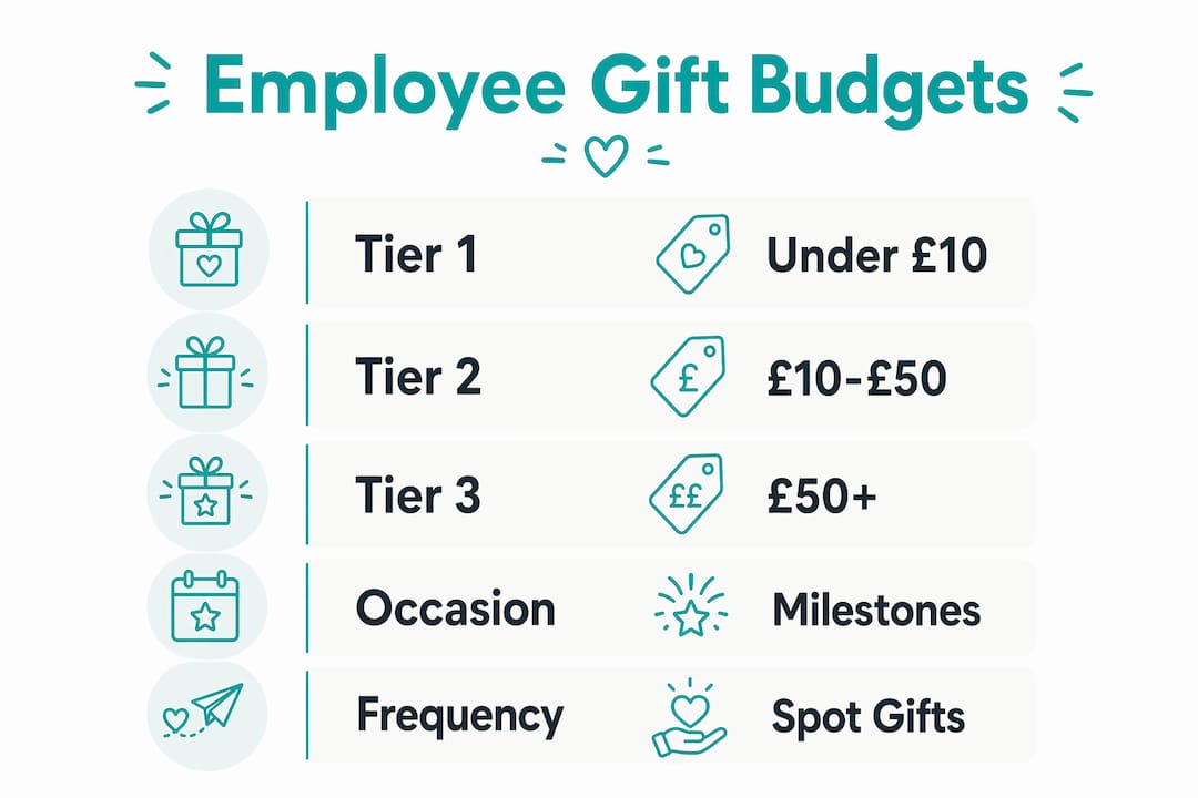 Infographic illustrating employee gift budget tiers and occasions