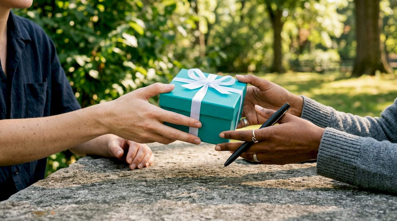Hands exchanging corporate gift pen and box over desk