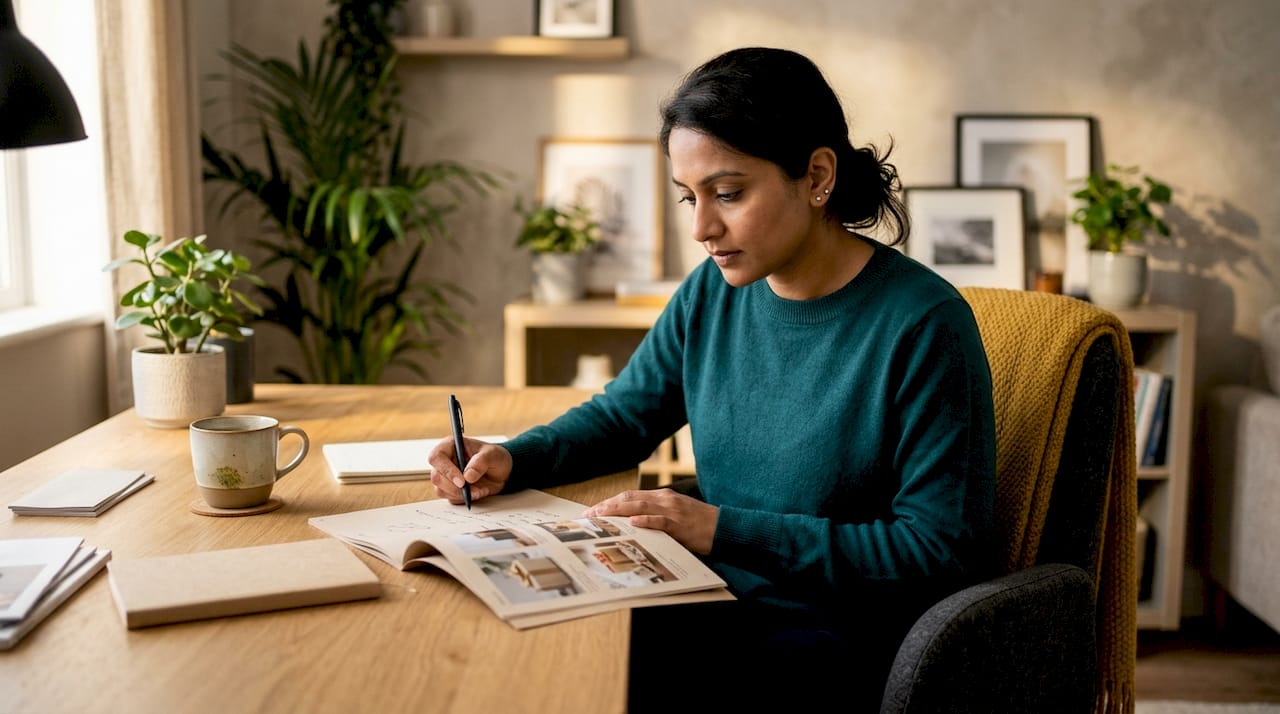 Woman reviewing corporate gift catalog at meeting table