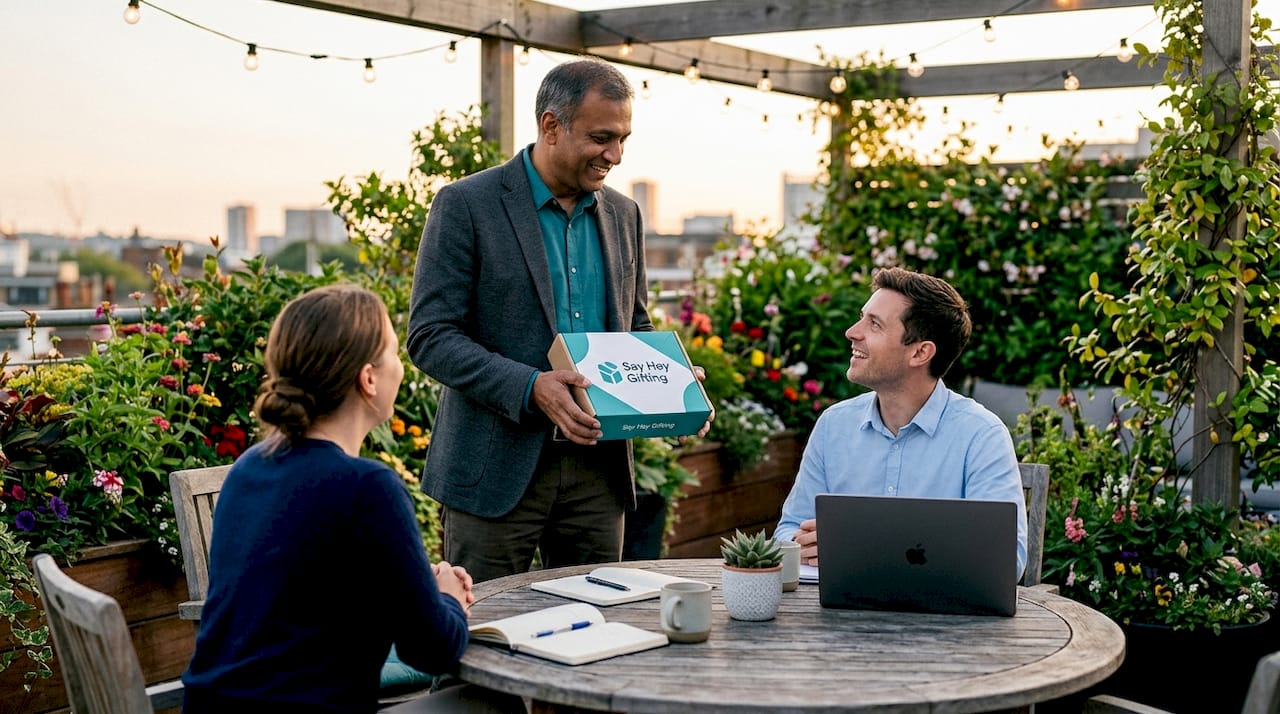 Man presenting corporate gift box in office