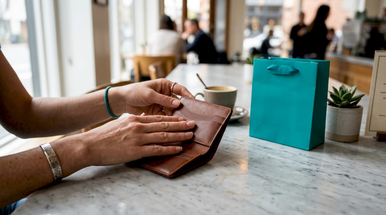 Hands examining premium leather wallet texture