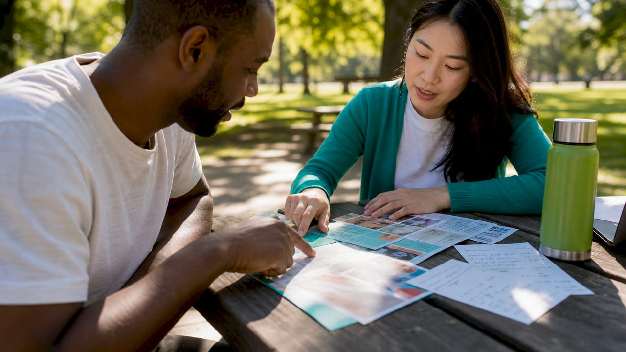 Two colleagues reviewing employee gift budget spreadsheets