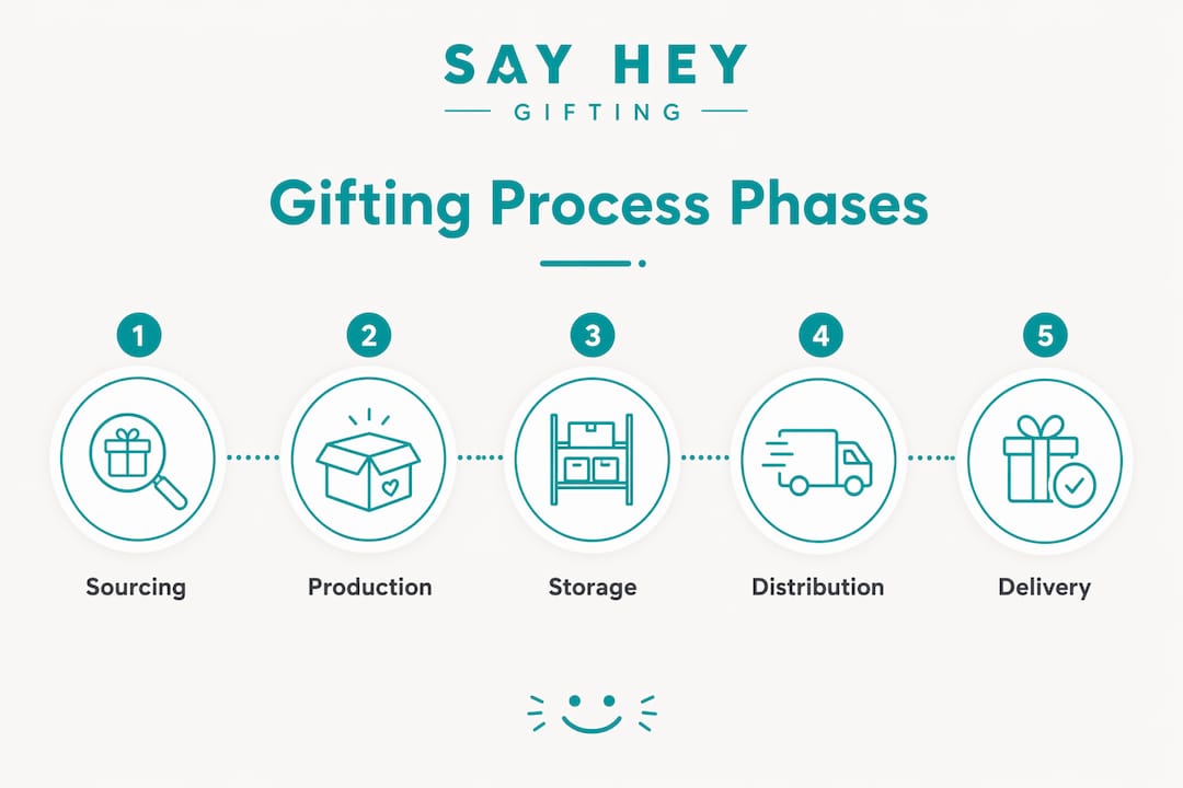 Infographic showing corporate gifting process phases in vertical flow.