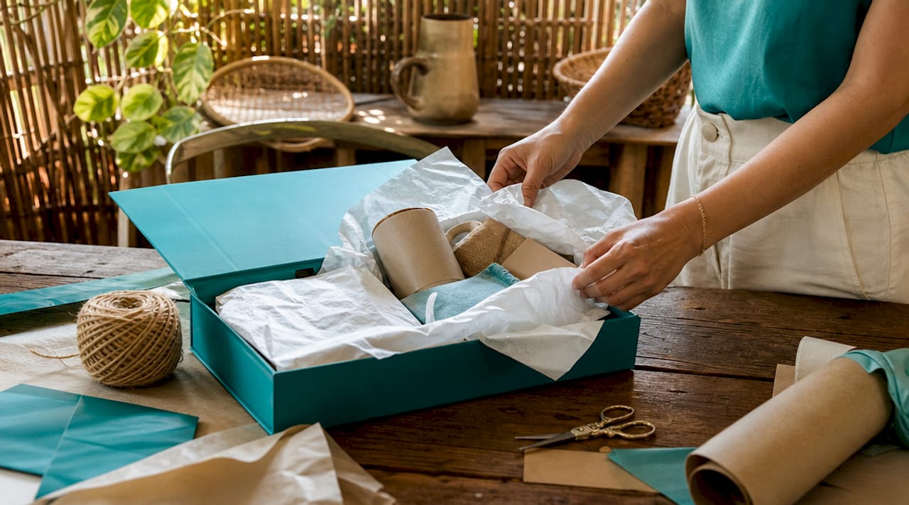 Hands wrapping premium gift hamper packaging