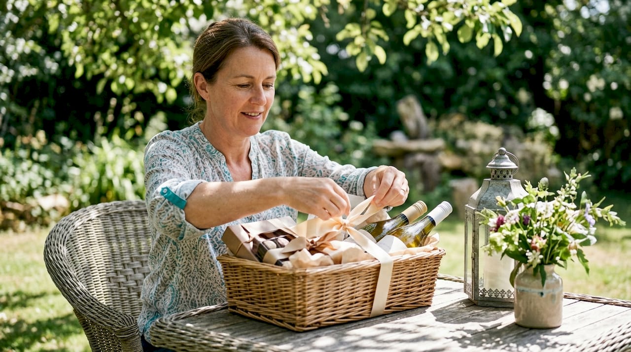 Woman assembling premium gift hamper in living room