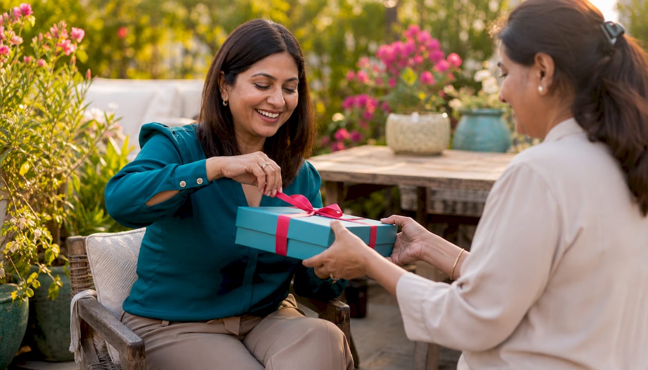 Employee happily receiving a gift in office