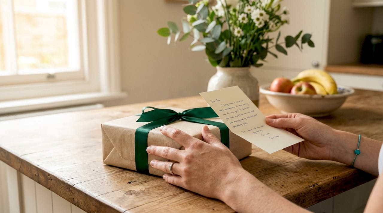 Hands presenting work anniversary gift and note