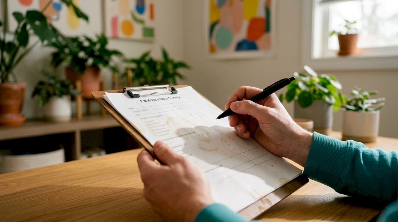 Close-up hands collecting employee data on clipboard
