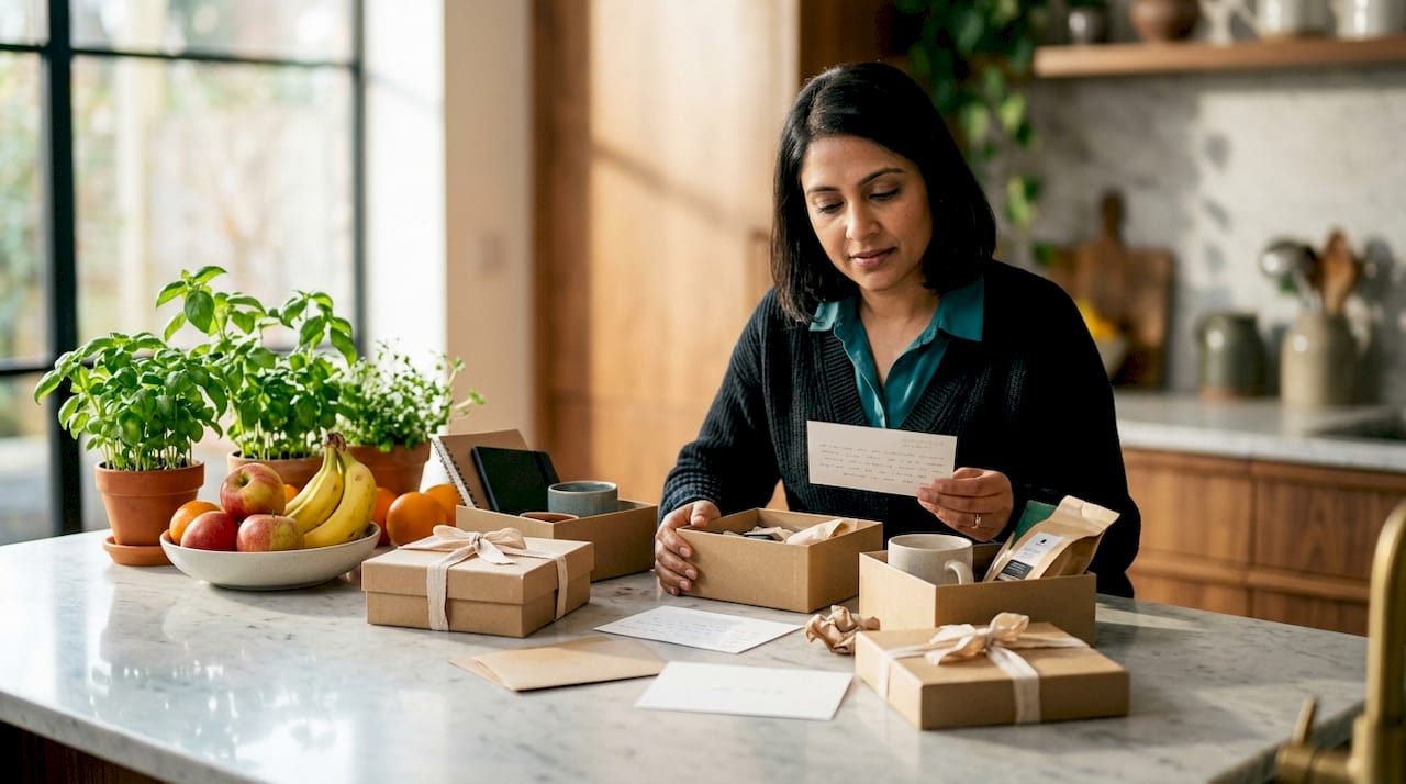 HR manager reviewing personalised employee gifts at desk