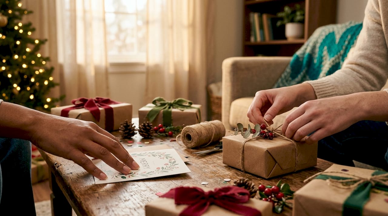 Hands tying bow on personalized Christmas gift box