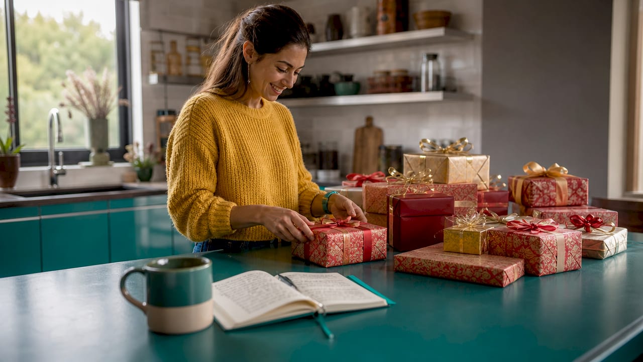 HR manager organizing Christmas gifts at desk