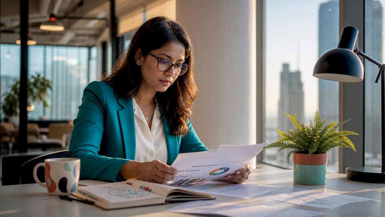 Businesswoman reviewing corporate gifting ROI reports