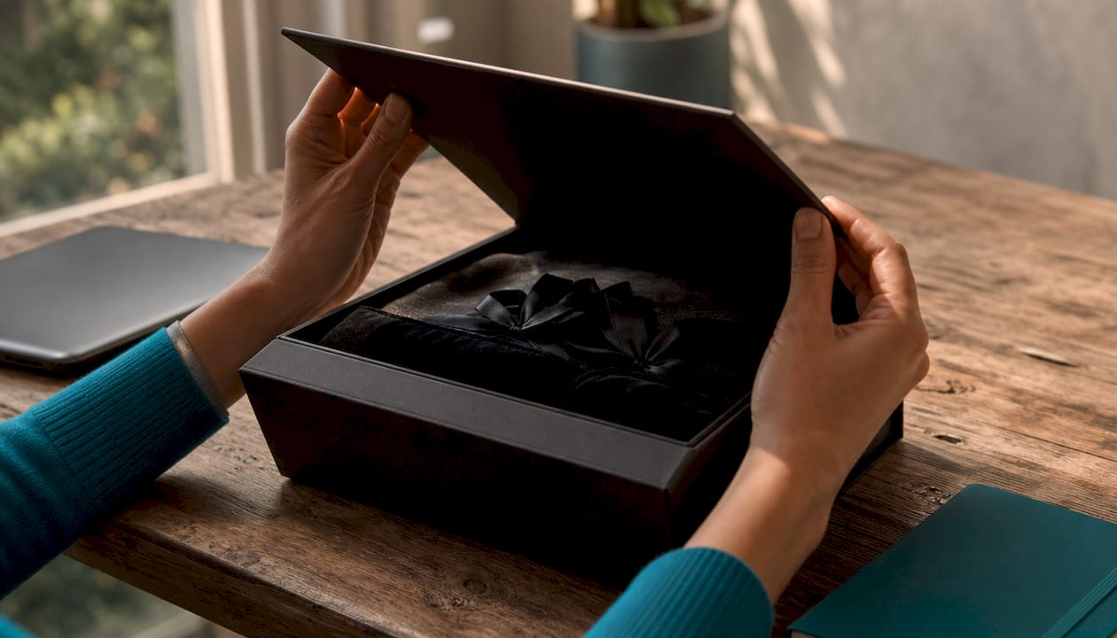 Close-up of hands opening premium gift box