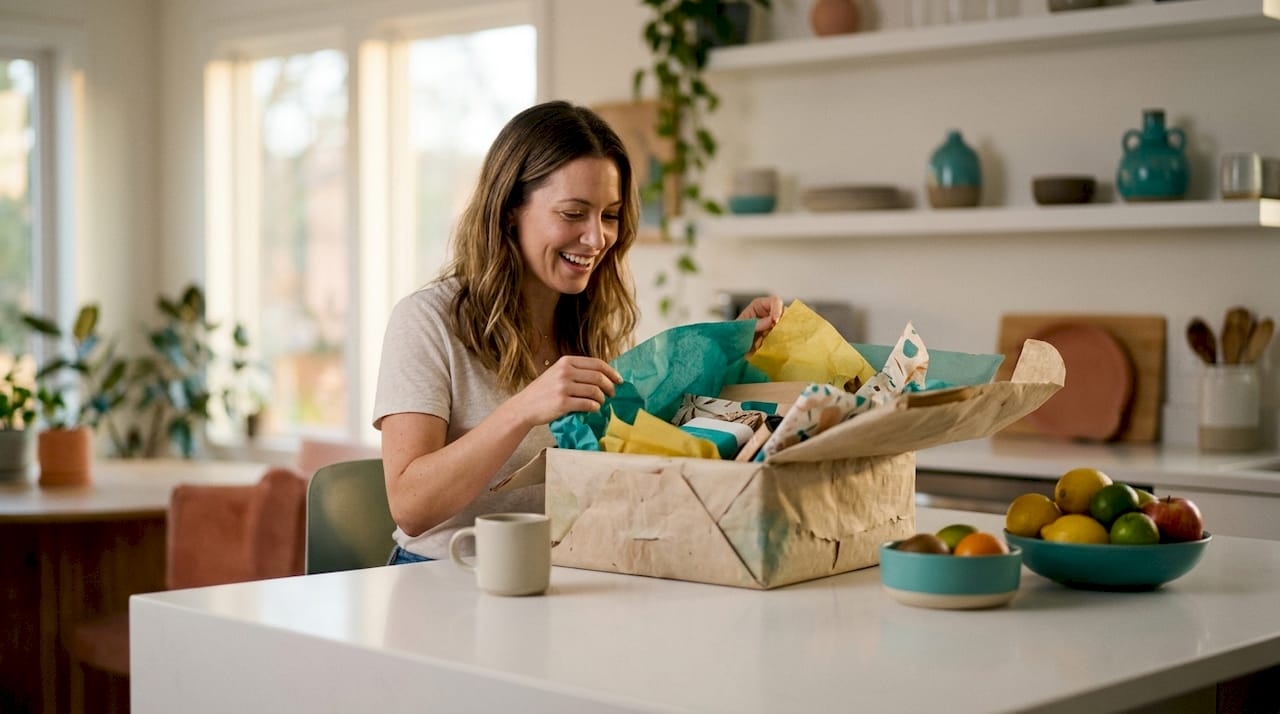 Woman unboxing a curated gift box indoors