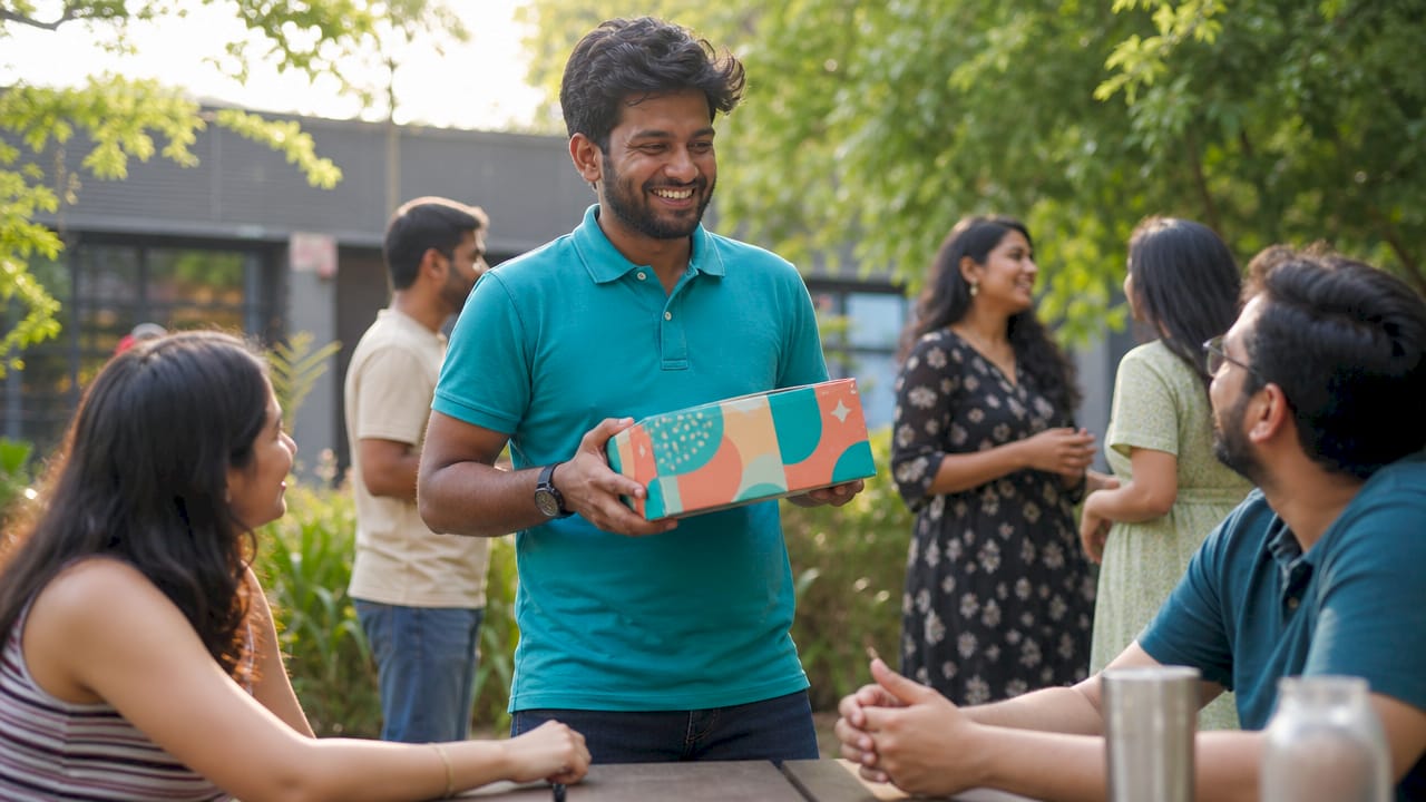 Employee happily holding monthly gift box in office