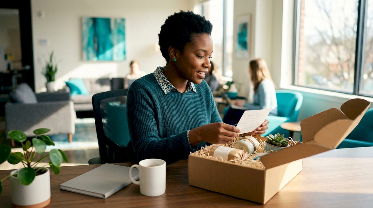Woman unboxing monthly staff gift box in office