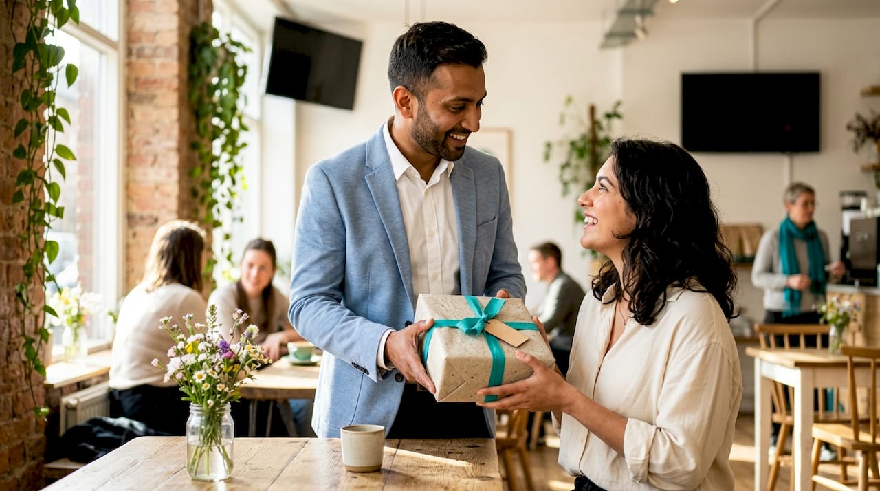 Manager giving milestone gift to employee