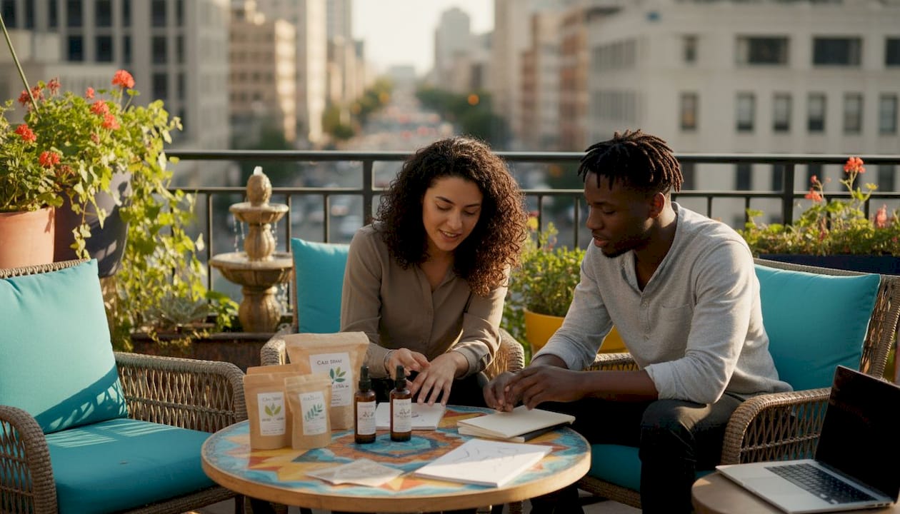 Employees sharing wellness gifts in office break room