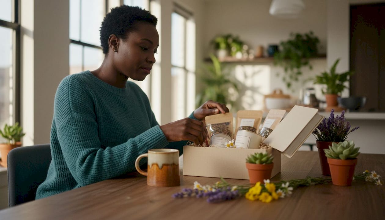 Woman selecting self-care gift items at home desk