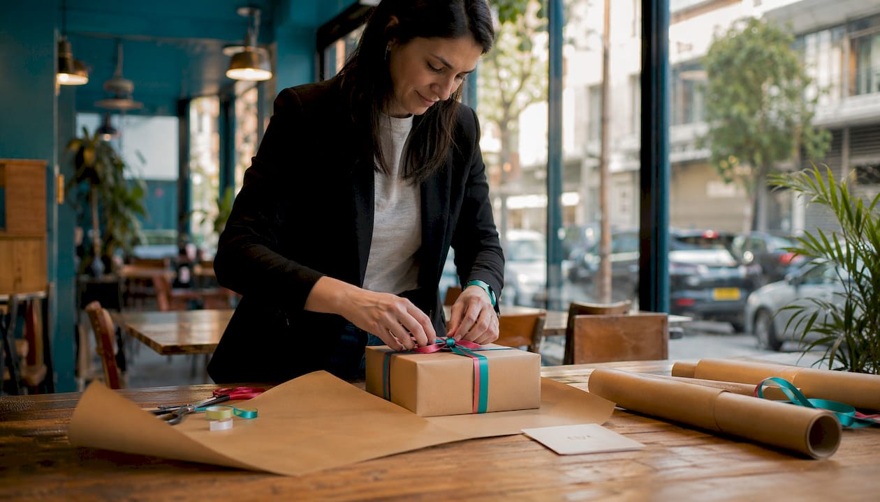 Businesswoman wrapping personalised client gift