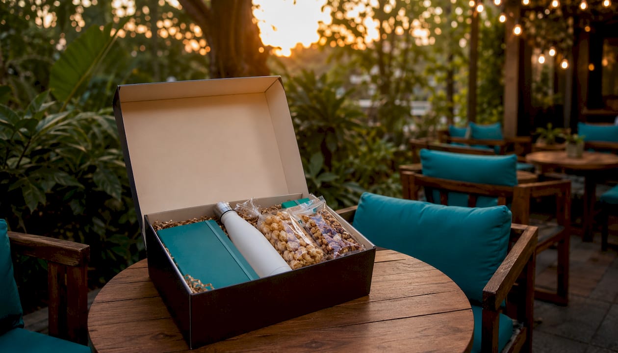 Close-up of branded onboarding gift box interior and contents