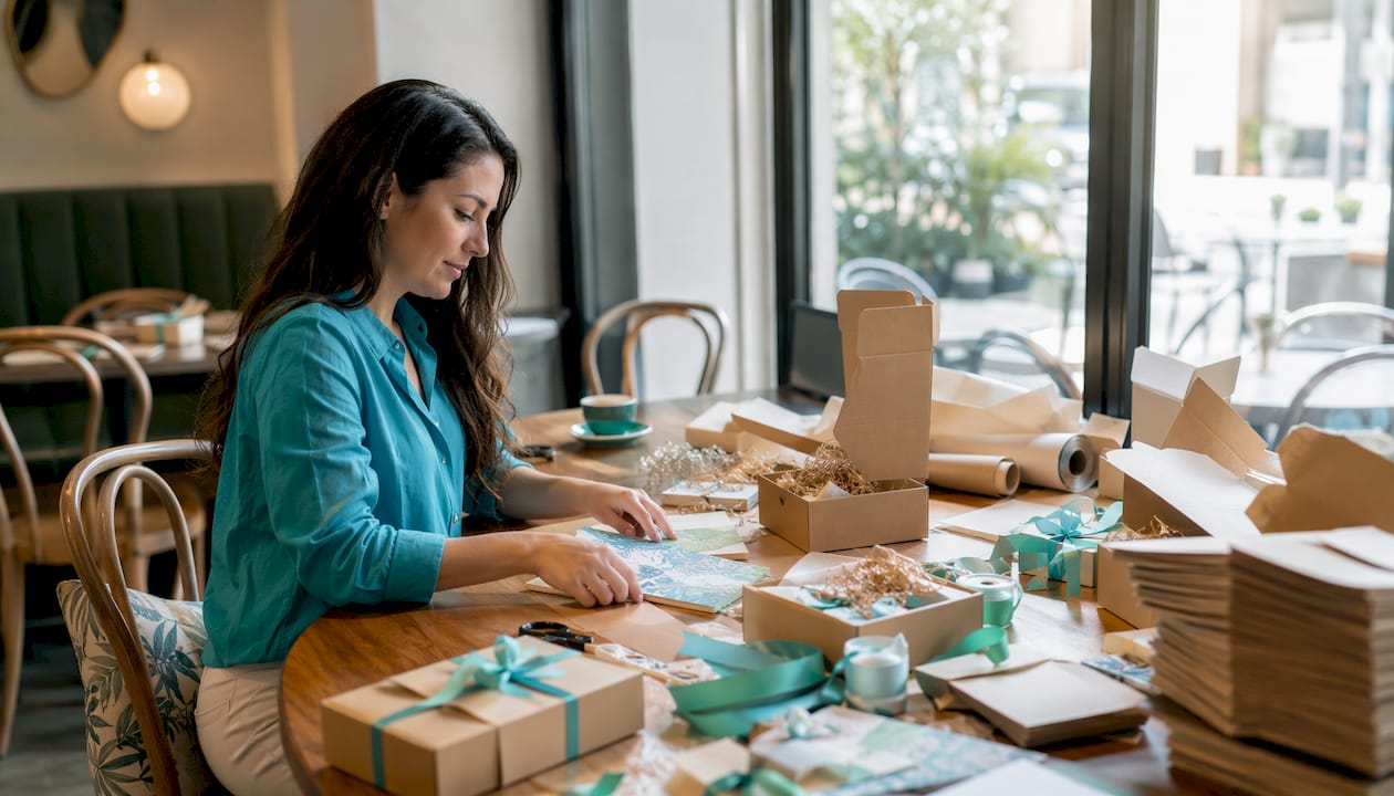 Woman preparing bulk letterbox gifts at home