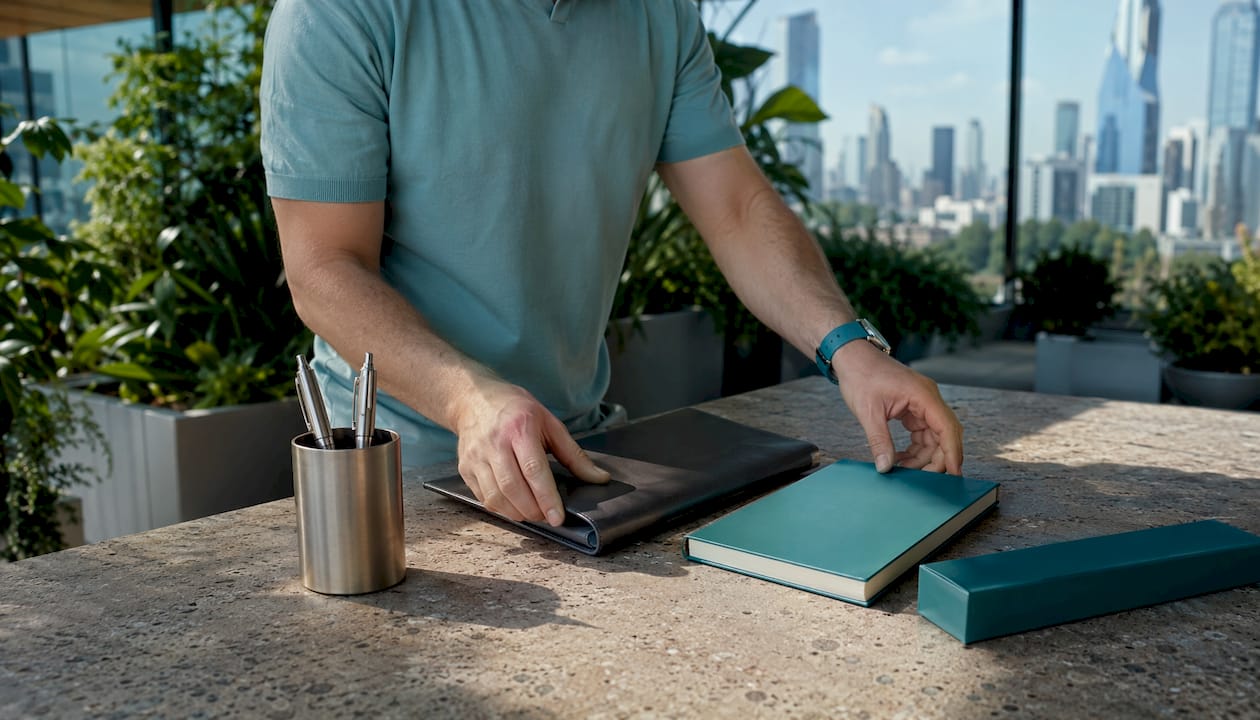 Hands arranging premium practical client gifts