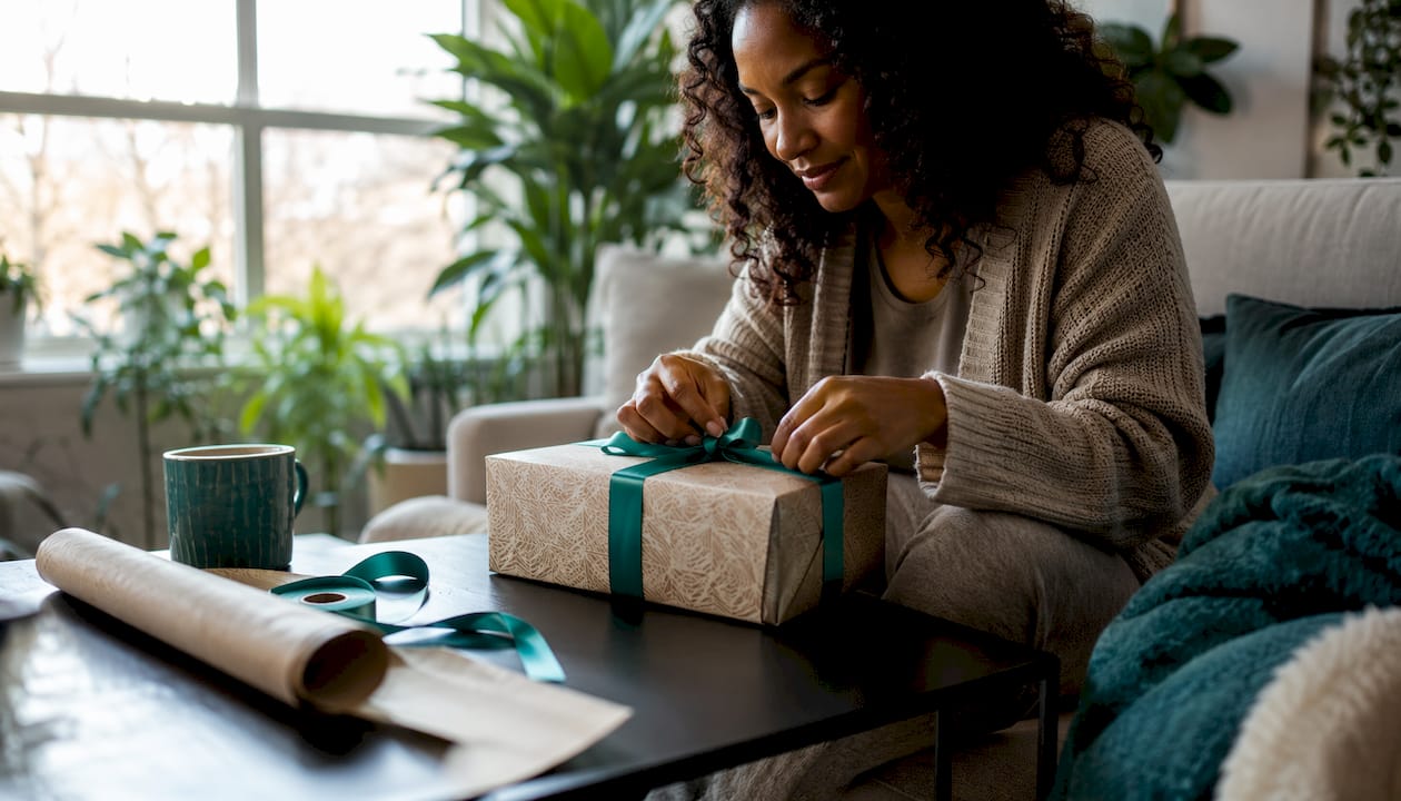 Woman wrapping client appreciation gift at desk