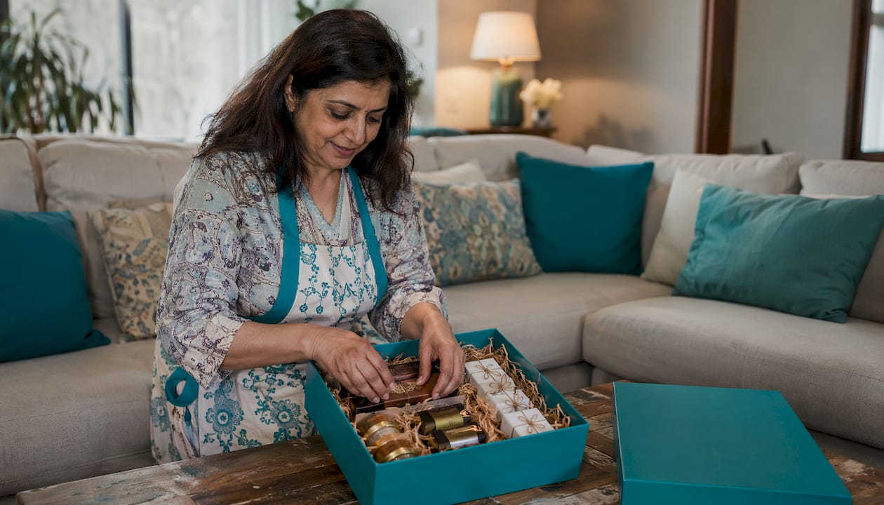 Woman preparing artisan food gift box in kitchen
