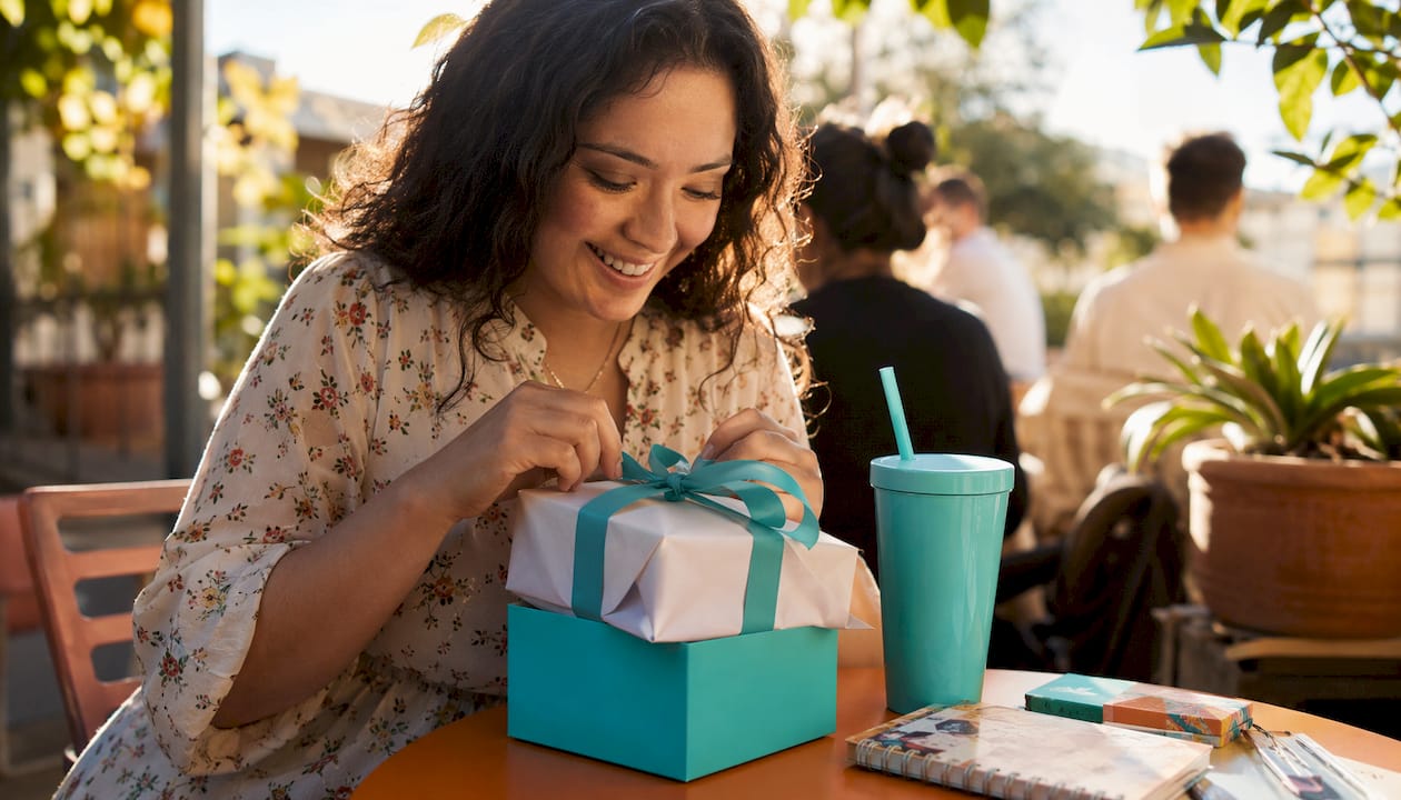 Employee happily opening company gift