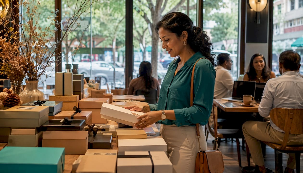 Woman choosing corporate gifts thoughtfully
