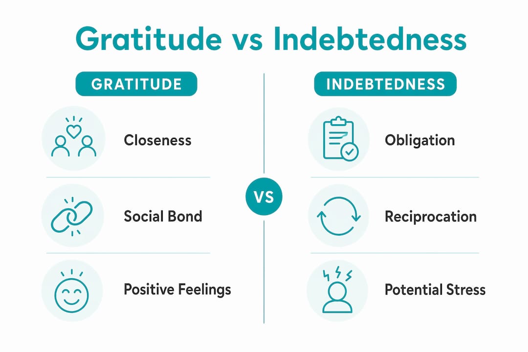 Infographic comparing gratitude and indebtedness effects from appreciation gifts