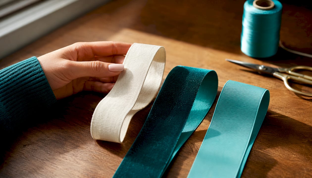 Close-up of cotton, velvet, and grosgrain ribbons with tactile detail