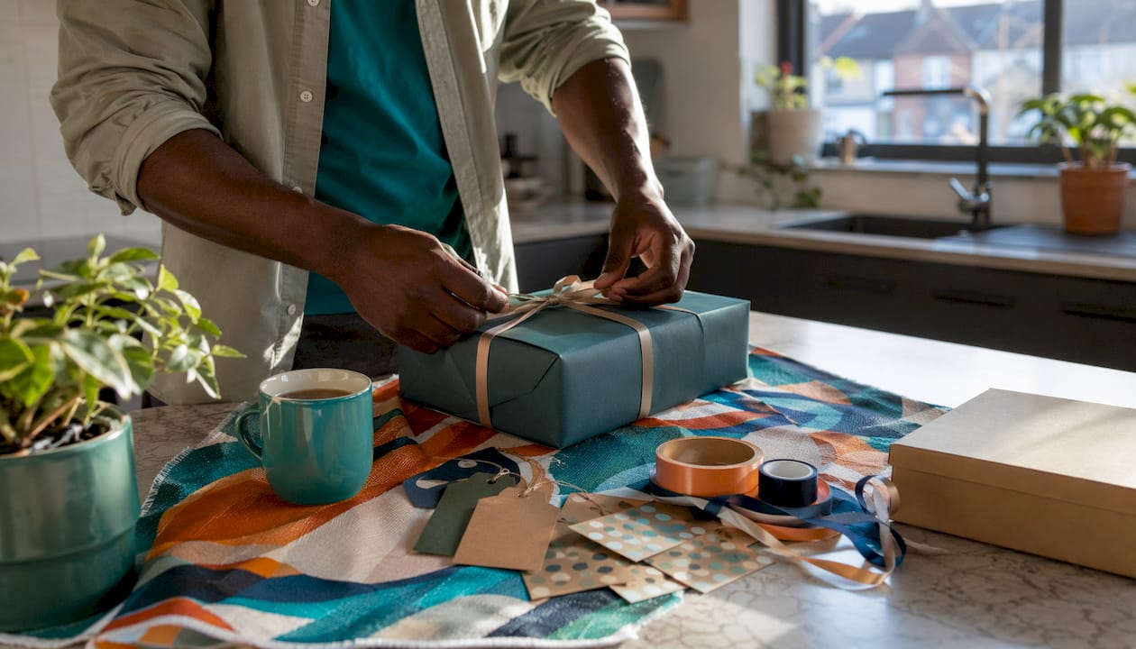 Hands personalising corporate gift box package