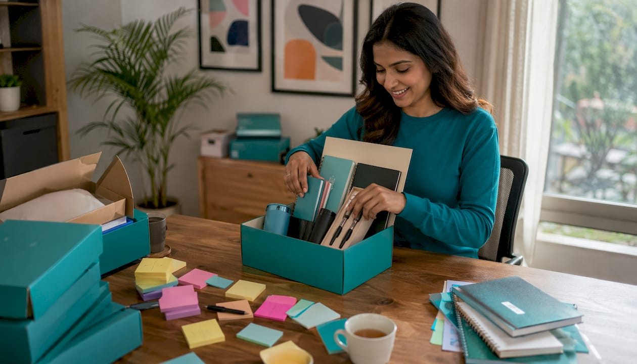 Hands packing stationery into staff hamper