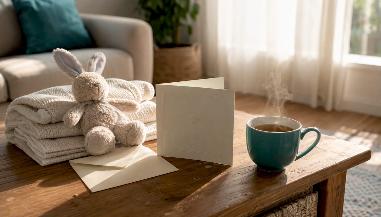 Neutral baby gift items on kitchen table