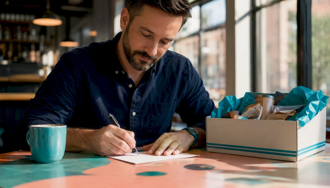 Manager preparing baby gift message card